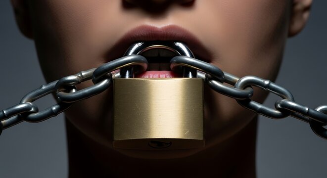Mouth gagged with chain and padlock lips teeth
