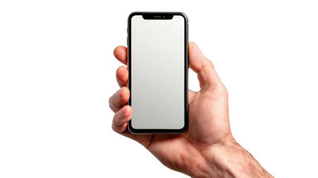 Hand holding a modern smartphone with a blank screen, isolated on white background.
