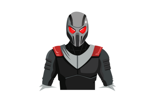 Futuristic soldier in armor with red glowing eyes against a black background