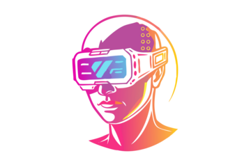 Futuristic person wearing a glowing virtual reality headset with neon pink and orange accents