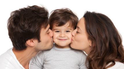 Happy family sharing affectionate kisses with their child on a white isolated background.