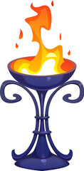 Cartoon chalice with a flame. Isolated vector ancient Egypt game icon, Egyptian treasure asset. Cup symbolizing ritual, magic and spirituality. Ornate goblet with an eternal fire burning brightly
