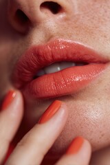 sensual female lips with guava color gloss and fingers touching face with same tone nail polish concept of beauty cosmetics marketing fashion photography
