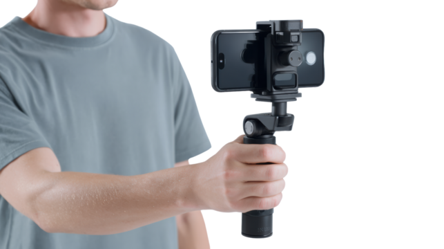 Man holding a smartphone gimbal stabilizer for smooth video recording