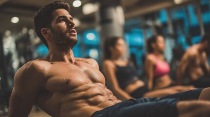 muscular guy doing sit ups at gym with other people in background young athlete doing stomach workout in modern gym handsome fit man doing crunches at gym no logos no brands ar 169