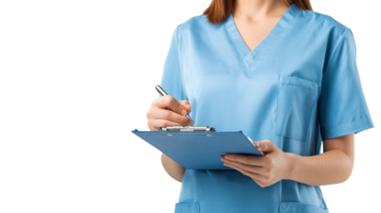 Medical professional in blue scrubs holding a clipboard and pen, isolated on white background.