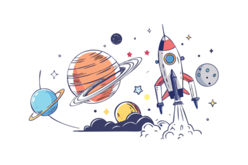 Whimsical cartoon rocket ship travels through colorful planets and stars in outer space