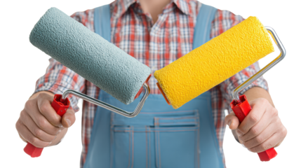 Person holding two paint rollers in hands, one blue and one yellow, on white isolate background.