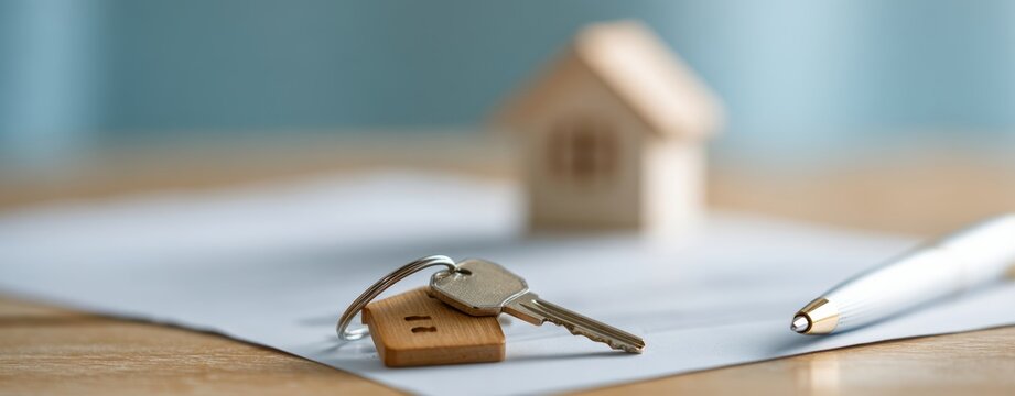 The house keys on contract paper with miniature wooden house and silver pen
