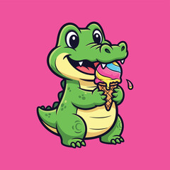 Obraz premium Cute Cartoon Crocodile Eating Ice Cream Vector illustration