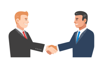 Two businessmen in suits shaking hands in agreement on a black background