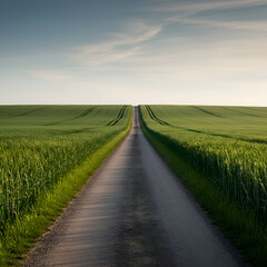 Naklejka premium Empty gravel road through a vast expanse of unharvested green wheat field under a pale blue sky. Serene countryside path extending to the horizon.