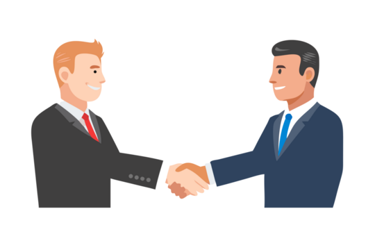 Two businessmen in suits shaking hands in agreement on a black background