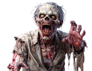 Terrifying Zombie with Torn Clothes and Bloody Hands Isolated on Transparent Background