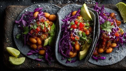 Three Black Corn Tacos with Beans, Red Cabbage, and Avocado
