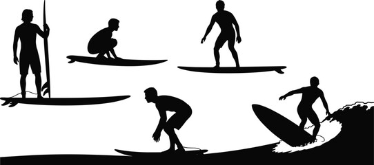 Silhouettes of surfers on surfboards, ocean wave riding, beach sport activity, standing and crouching poses, summer adventure, vector illustration