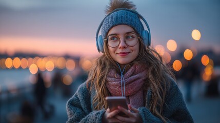 young beautiful woman using mobile phone at dusk in the city while listening music through earphones happy woman using smartphone to do a video call on a winter day while looking at camera no logos n