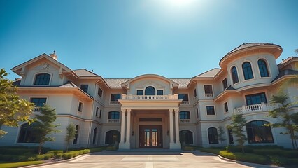 Elegant residence entrance with architectural details under a clear blue sky, exuding luxury.