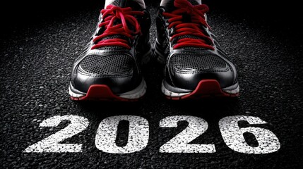 Runners prepare to take off from the starting line marked with 2026, symbolizing an exciting new year filled with athletic challenges and triumphs ahead