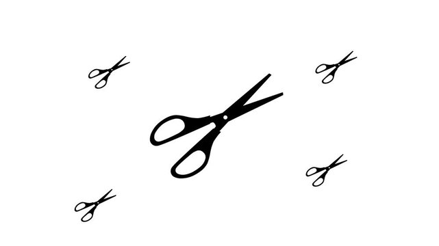 Zoom in and out animation the scissors symbol. Large black symbol in the center and four small symbols around. Seamless looped 4k animation on white background