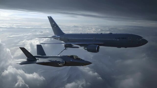 F-35 Lightning II Fighter Jet Aerial Refueling from a KC-46 Pegasus Tanker Aircraft Above Clouds