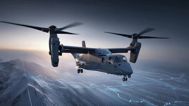 Advanced Tiltrotor Aircraft in Flight Over Digital Terrain