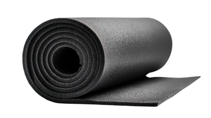Rolled black yoga mat on a white isolated background.