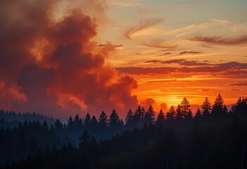 Fototapeta premium Fiery Hues Paint the Sky Above a Silhouetted Treeline as the Forest Burns in Dramatic Realism