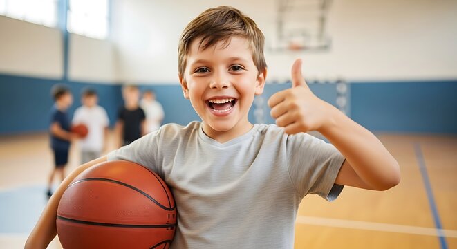 Happy boy with basketball giving thumbs up image