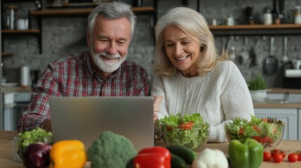happy old middle aged 50s couple using laptop computer preparing healthy food diet vegetable salad at home together searching recipes ordering shopping online watching cooking class in kitchen no log