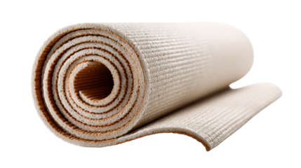 Rolled yoga mat on a white isolated background, perfect for fitness and wellness activities.