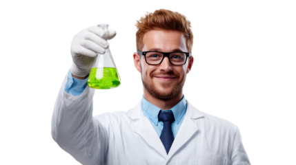 Scientist holds a green liquid in a lab flask, smiling, wearing glasses and a lab coat.