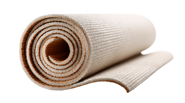 Rolled yoga mat on a white isolated background, perfect for fitness and wellness activities.