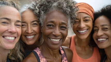 Fototapeta premium happy multi generational women having fun together multiracial friends smiling on camera after sport workout outdoor main focus on african female face no logos no brands ar 169