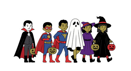 Children in Halloween Costumes Costume Party Dress Up Superheroes Vampires Witches Ghosts with Jack-o'-lantern Buckets for Trick-or-Treating Celebrations and Festive Events