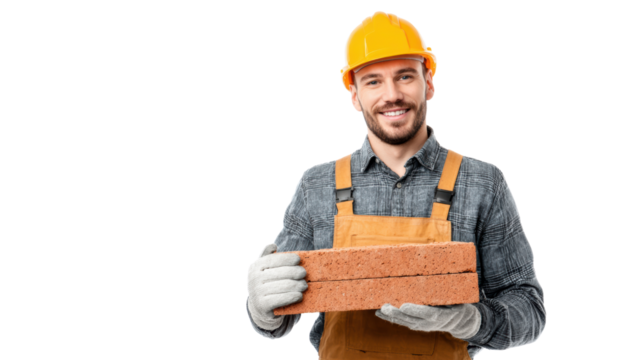 Smiling construction worker holding brick, isolated on white background.