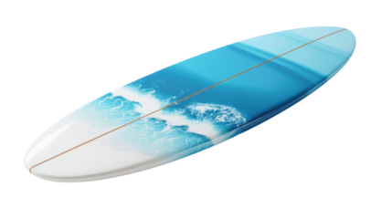 Surfboard on a white isolate background, showcasing vibrant blue waves and sleek design.