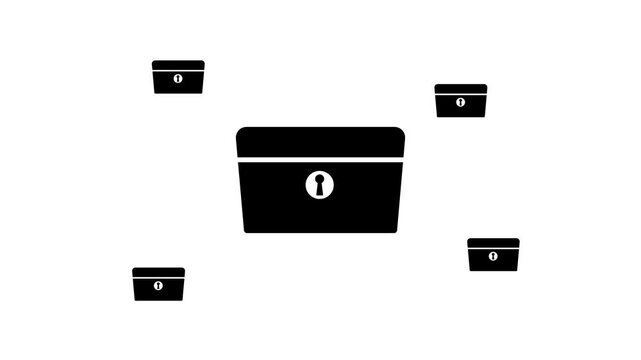 Zoom in and out animation the chest symbol. Large black symbol in the center and four small symbols around. Seamless looped 4k animation on white background