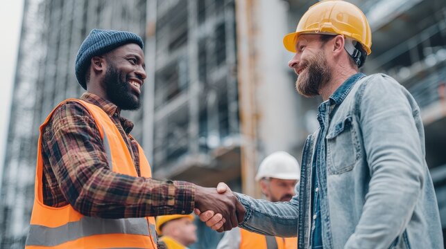 smiling engineer shaking hands at construction site with happy architect handshake between african construction manager with businessman at bulding site team of workers conclude an agreement no logos
