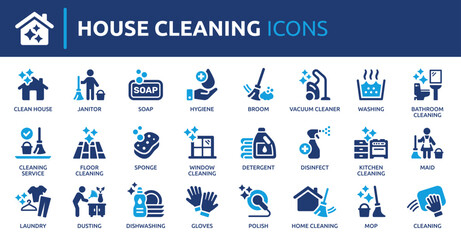 Fototapeta na wymiar House cleaning icon set. Containing washing, broom, soap, maid, laundry, home cleaning, sponge, vacuum cleaner, mop and more. Solid vector icons collection.
