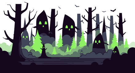 Spooky Haunted Forest Scene with Creepy Trees, Ghostly Faces, Dark Shadows, and Eerie Atmosphere for Halloween Horror Design and Halloween Party Decoration Themes