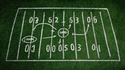 Football field turf with white strategic lines and numerical markings, revealing complex tactical positioning for competitive play strategy