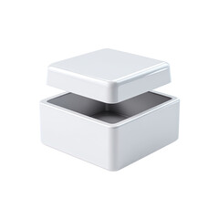 Fototapeta premium White open square box with lid slightly ajar against black background