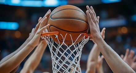 Basketball players hands reaching for ball in hoop during game sport