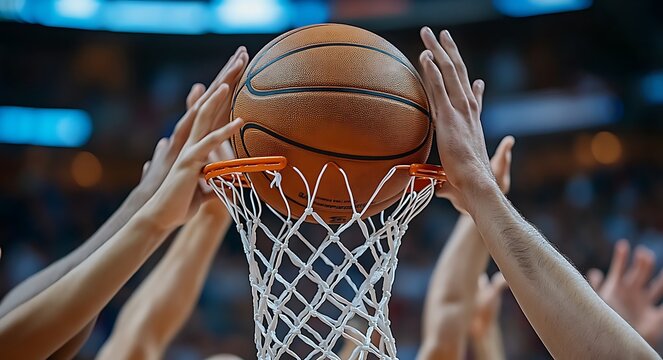 Basketball players hands reaching for ball in hoop during game sport