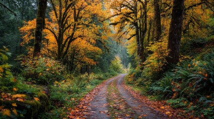 Autumnal Forest Road: Yellow and Orange Leaves, Soft Light