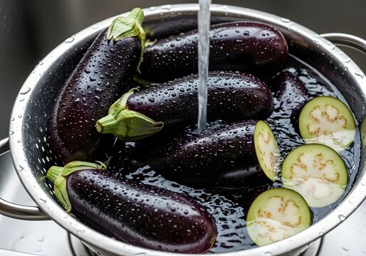 Fresh eggplants and slices being washed in a colander with water droplets