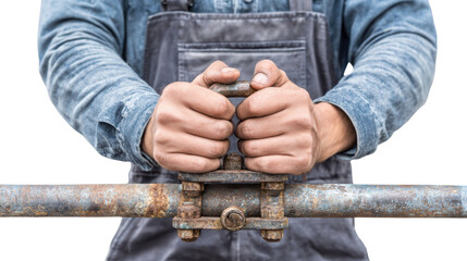 Working hands gripping a metal pipe, showcasing strength and precision in a construction or plumbing setting.