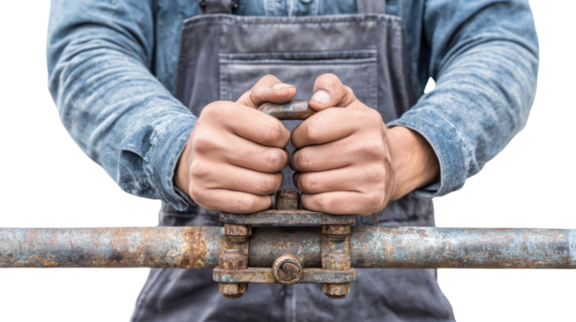 Working hands gripping a metal pipe, showcasing strength and precision in a construction or plumbing setting. - Powered by Adobe