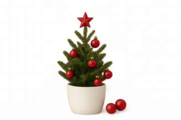 Christmas tree adorned with red baubles and star topper, sitting against transparent backdrop for seamless holiday design integration